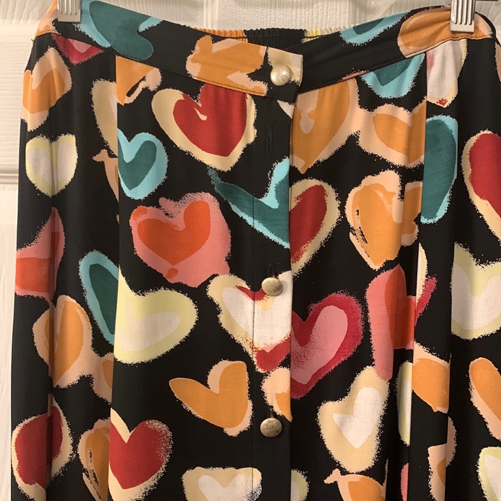 VINTAGE TERRY WARD GORED FULL BUTTON FRONT SKIRT::BLACK ++ MULTI COLORED SZ XL